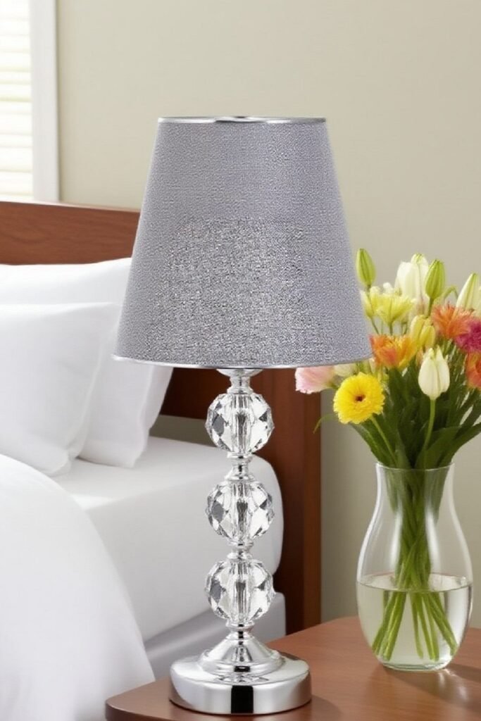 3 taşlı 55 cm masa abajuru cam gövde kumaş başlık metal ayaklı gece lambası aydınlatma