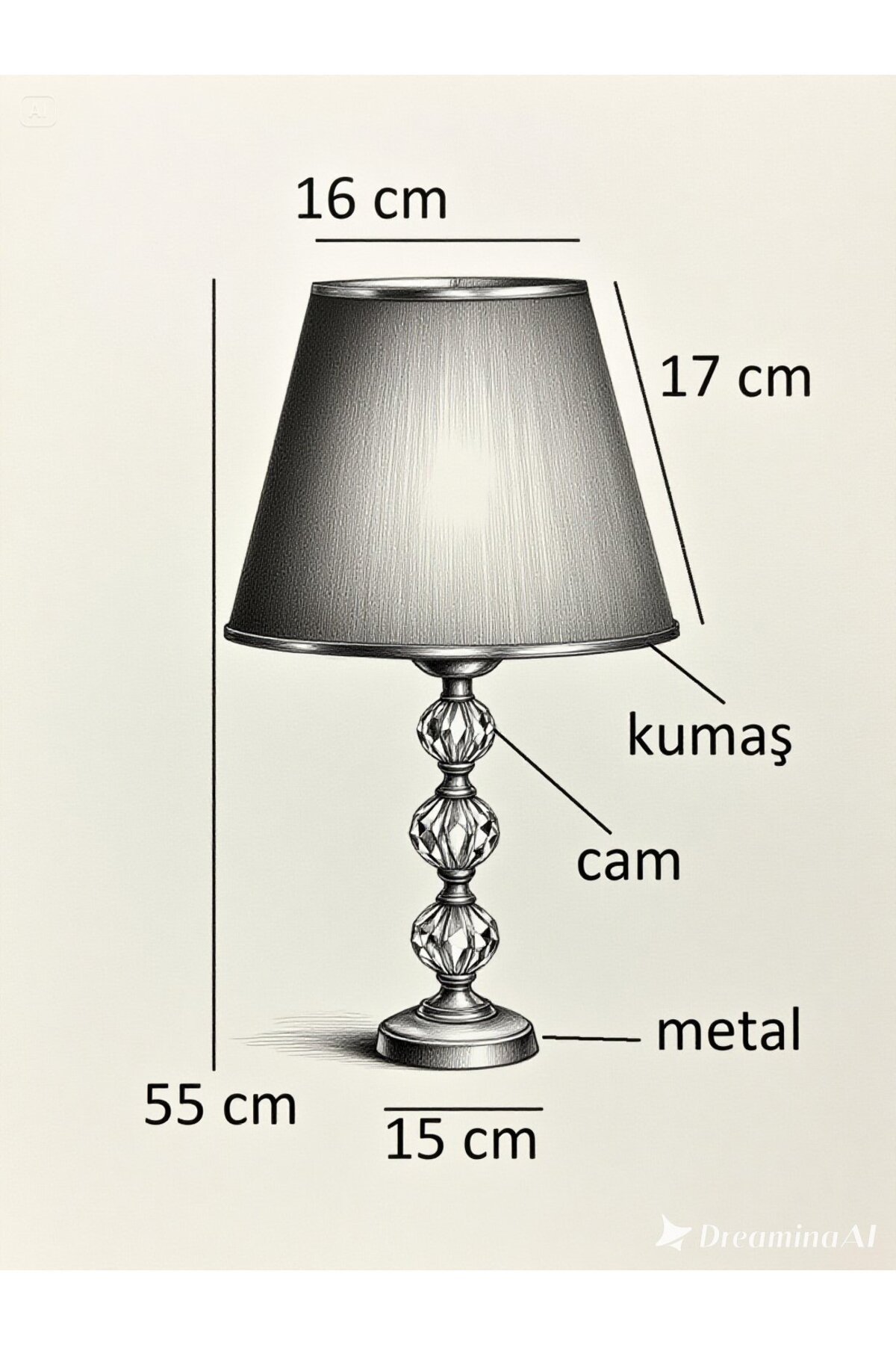 3 taşlı 55 cm masa abajuru cam gövde kumaş başlık metal ayaklı gece lambası aydınlatma - Görsel 6
