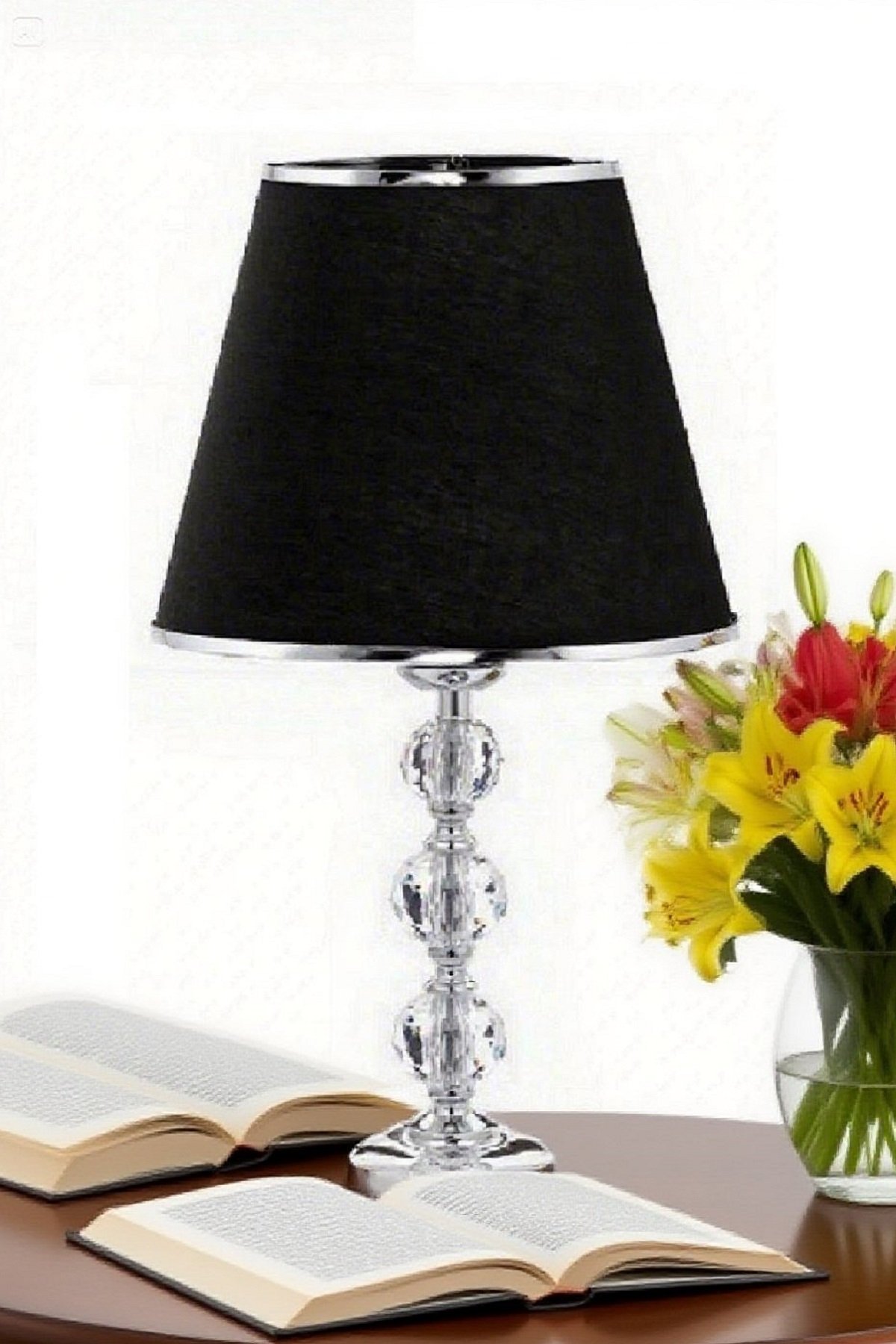 3 taşlı 55 cm masa abajuru cam gövde kumaş başlık metal ayaklı gece lambası aydınlatma - Görsel 3