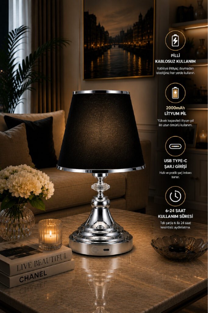 ŞARJ EDİLE BİLİR PİLLİ ABAJUR METAL AYAK KUMAŞ BAŞLIK 35 CM YÜKSEKLİK