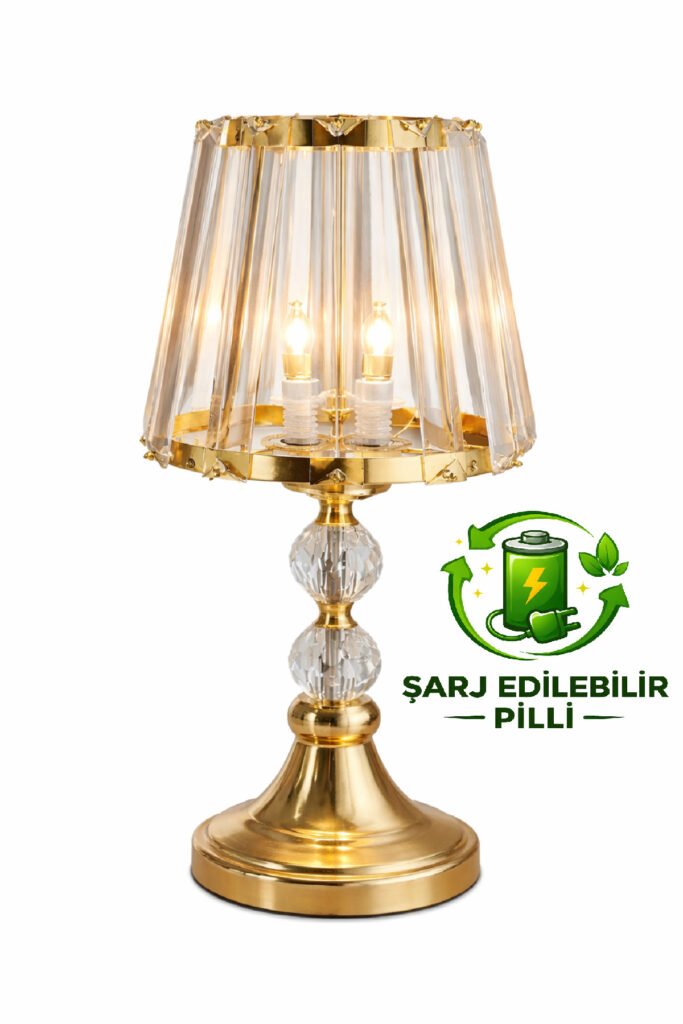 ŞARJ EDİLEBİLİR PİLLİ LED AMPULLÜ T serisi masa abajuru metal ve cam gövde cam başlık