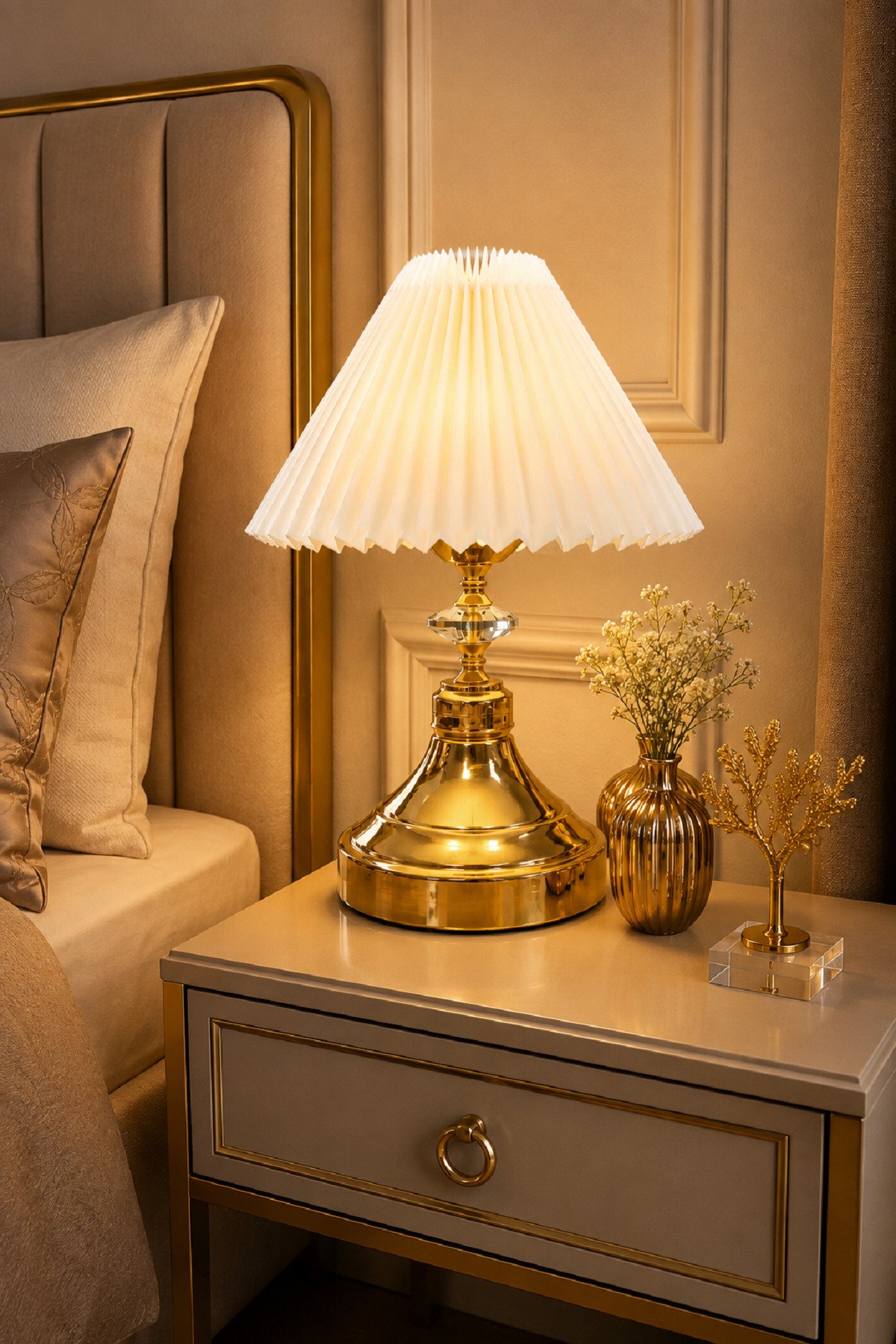 Modern kristal taş detaylı pileli şapkalı abajur gece lambası yatak başı lambası